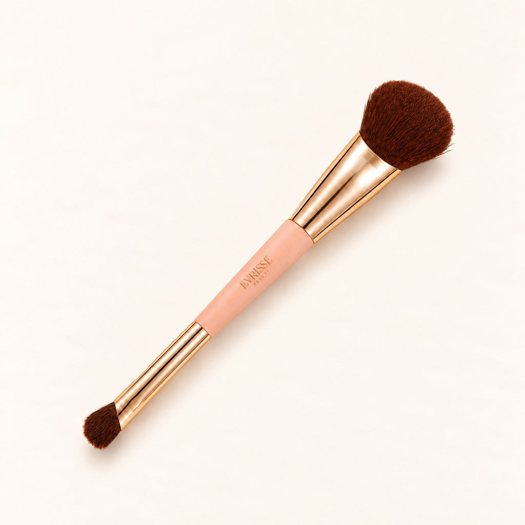 Evrisse Beauty 2-in-1 Build & Conceal Brush with peach handle and gold ferrules