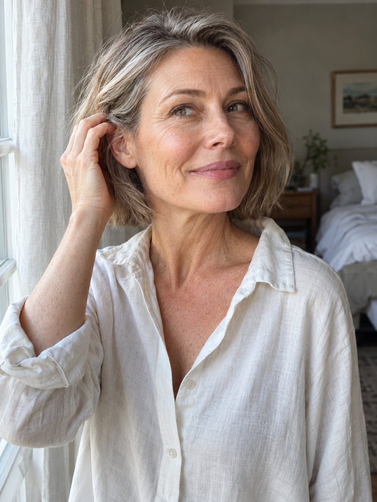 A silver-haired woman by a sunlit window