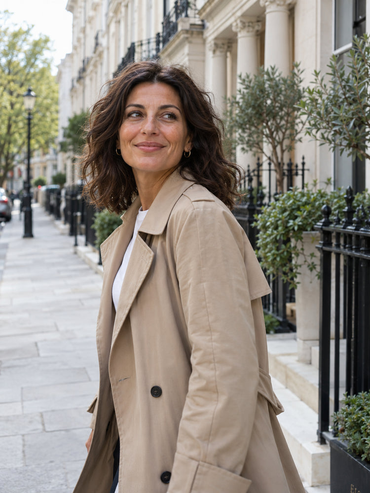 A woman strolling along a city street